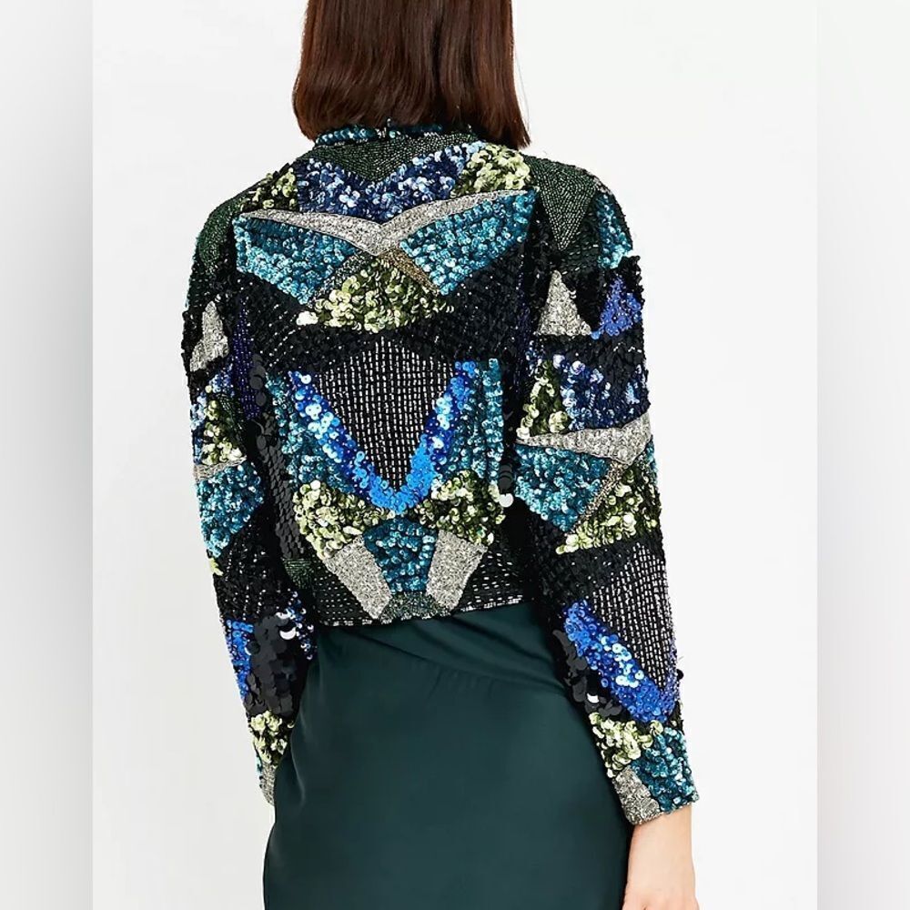 80s Vintage Beaded and Sequin Blue Black Green Sequin and Beaded Cropped Jacket